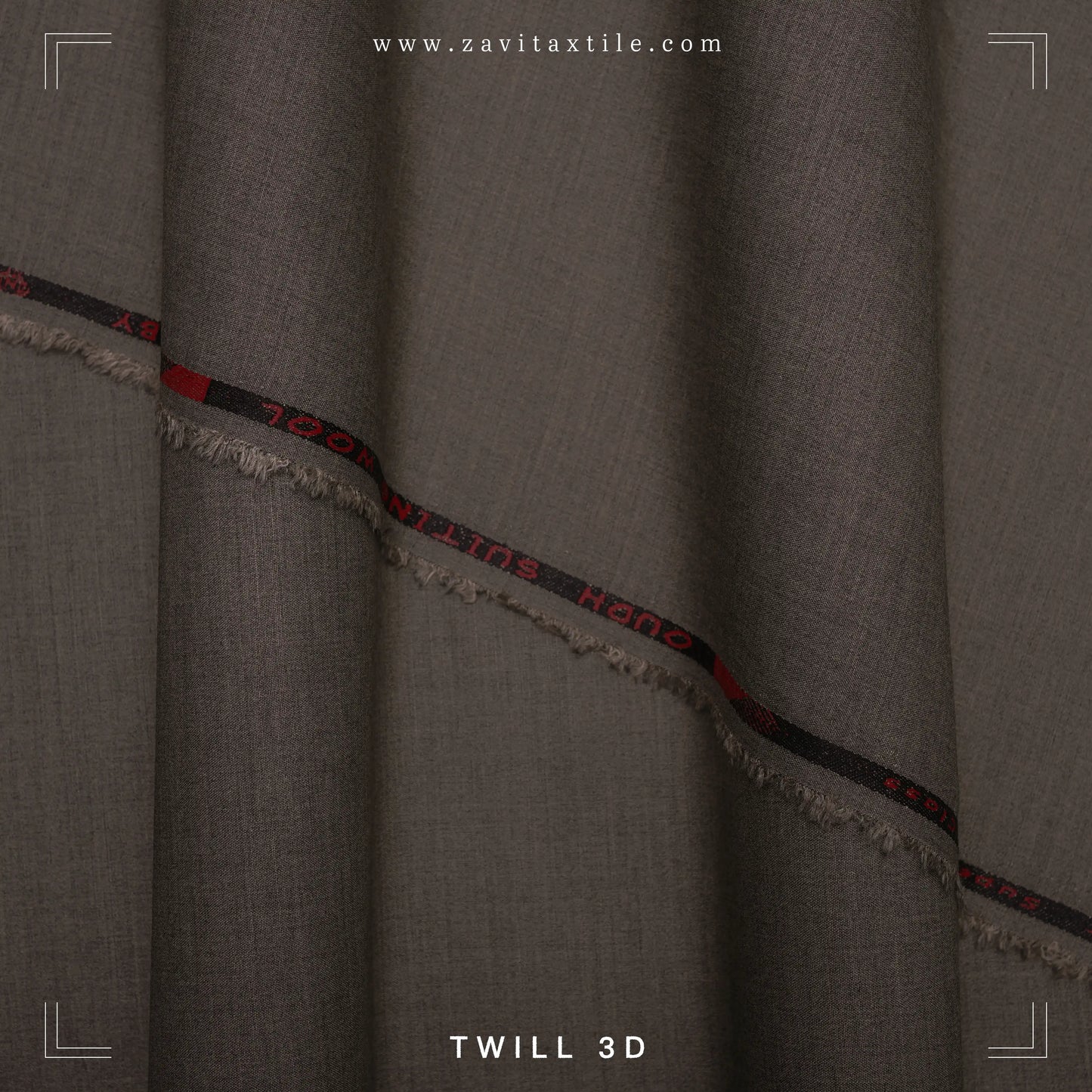 Gray fabric with a red and black pattern along the edge, branded 'Zavita Textile'.